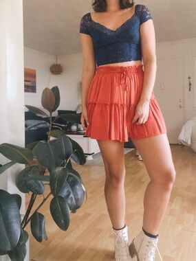 Alelly Burnt Orange Tiered Drawstring Mini Skirt